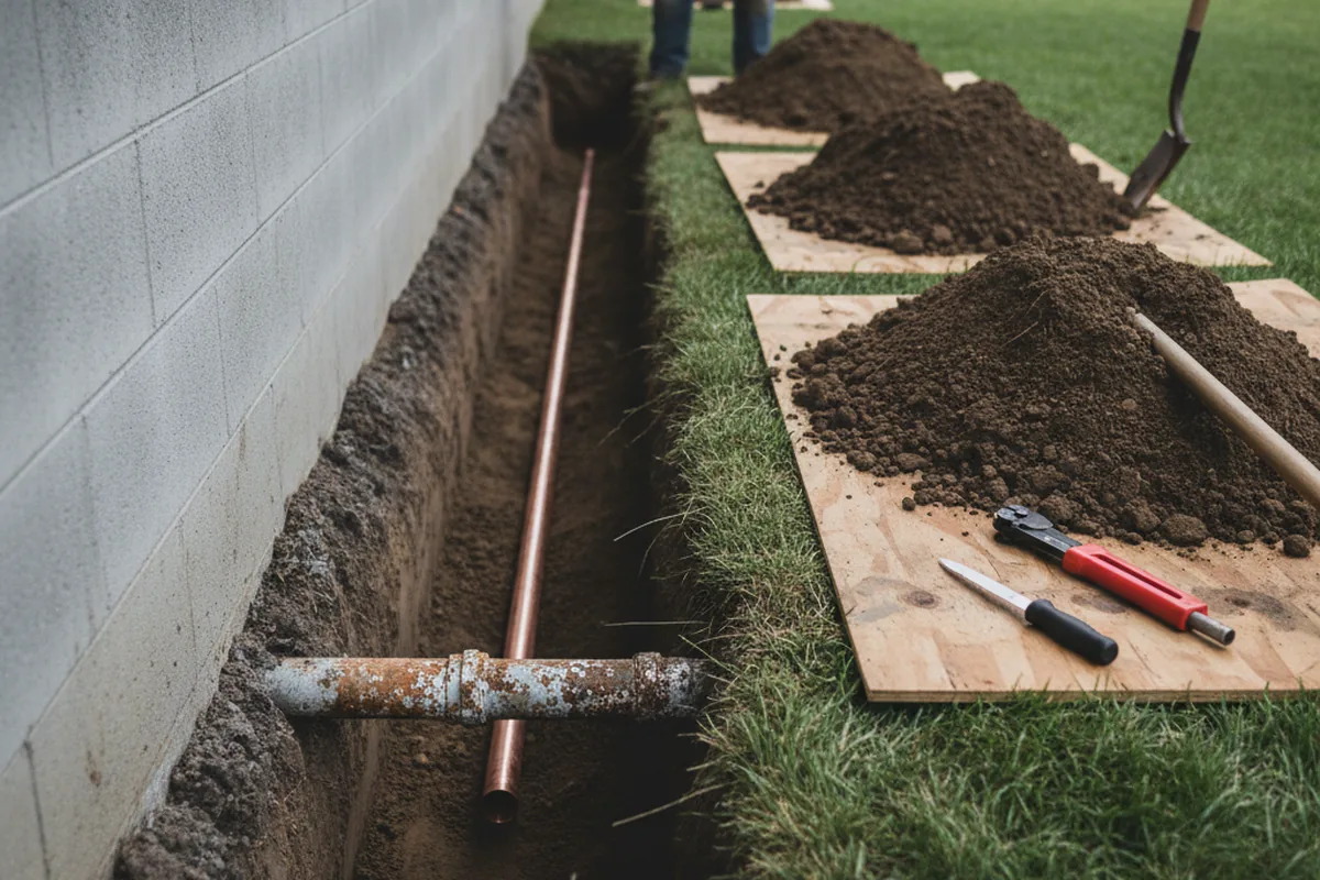 Excavated water line trench during Water Heater Repair in Line Lexington